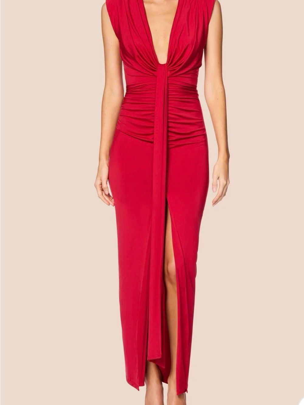 Red Ruched Deep-V Maxi Dress